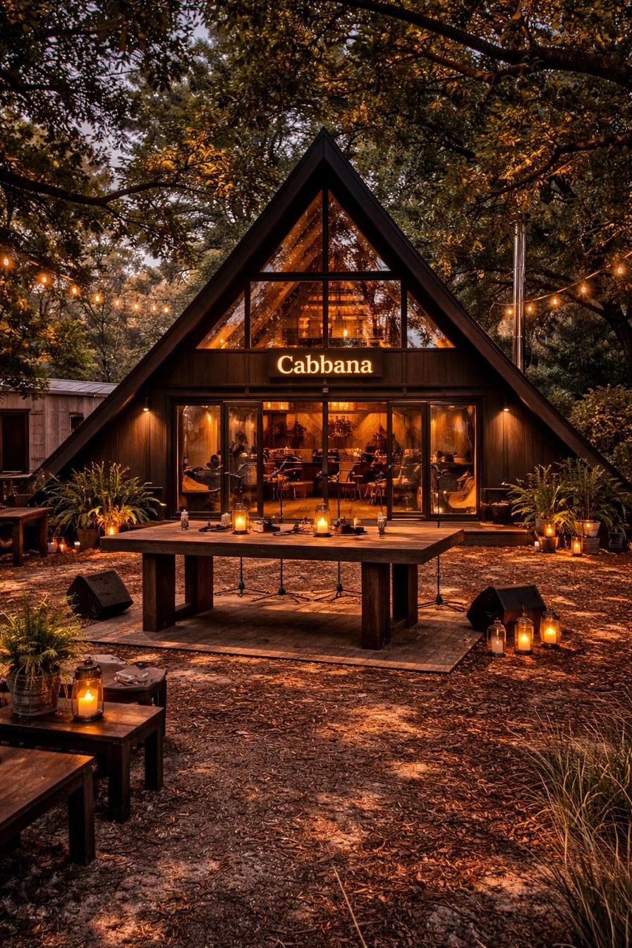 A cabana Cabbana ao entardecer, com palco de madeira e lanternas acesas.